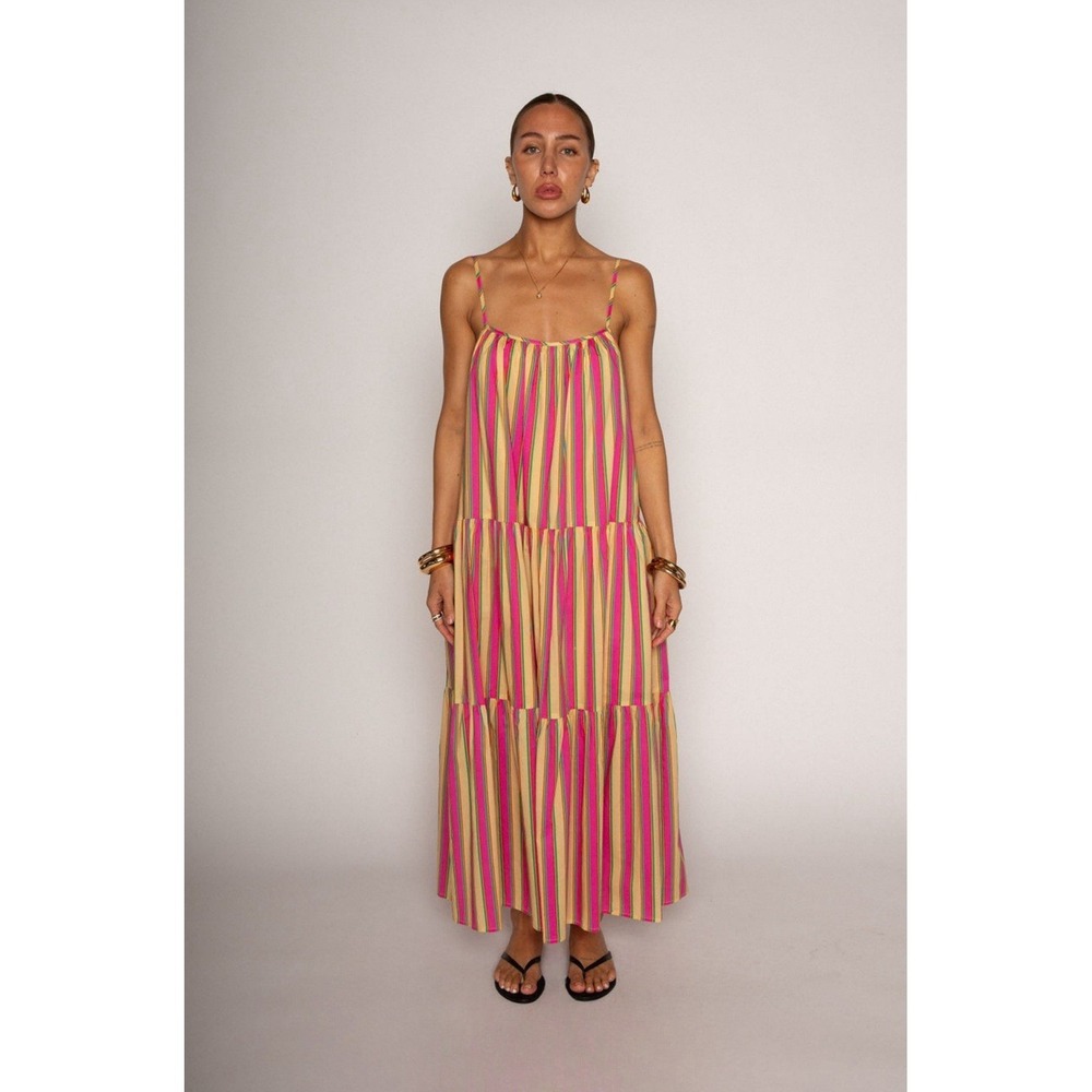 Golden Trip Striped Maxi Dress Large Pink Yellow Cotton Colorful Beach Boho NWT